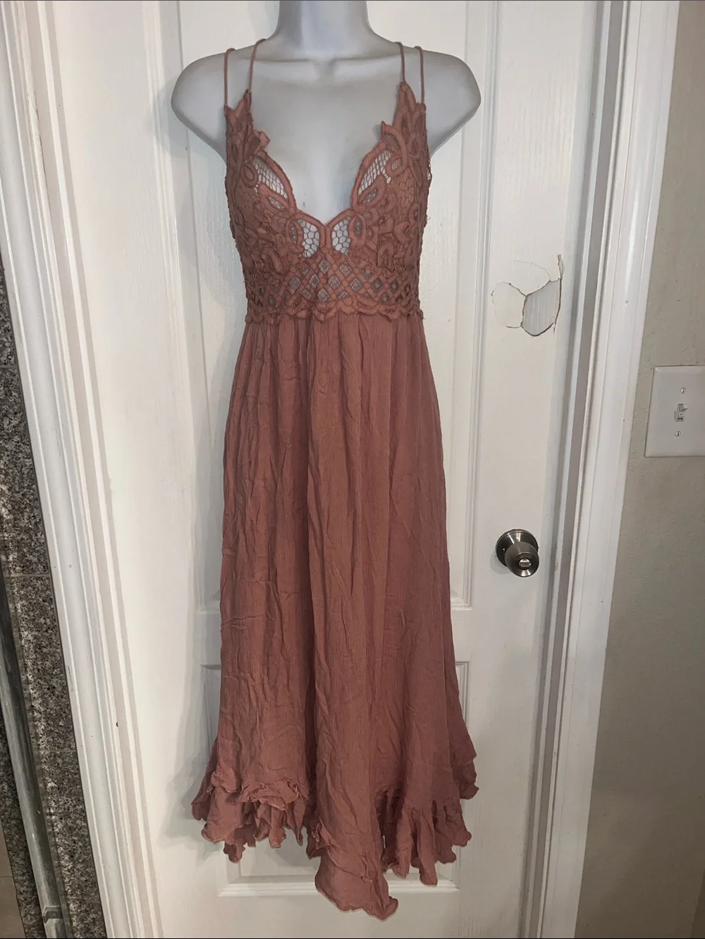 Free People Adella Maxi Slip Dress in a dusty rose color, featuring a crocheted